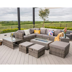 Vancouver 9 Seater Corner Rattan Garden Set In Grey with fire pit option