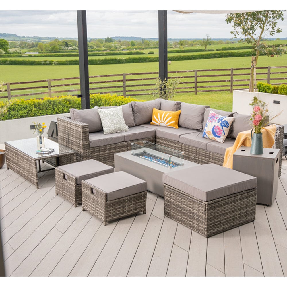 Vancouver 9 Seater Corner Rattan Garden Set In Grey with fire pit option