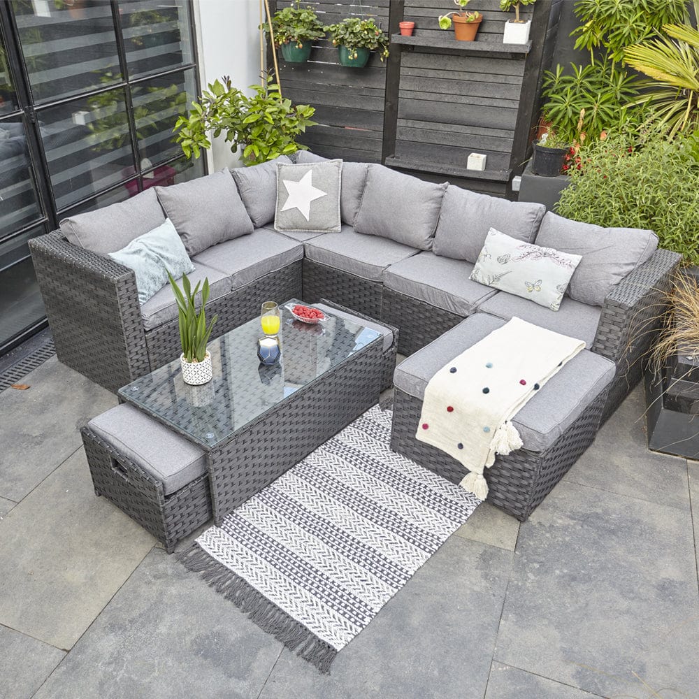 Vancouver 9 Seater Corner Rattan Garden Set In Black