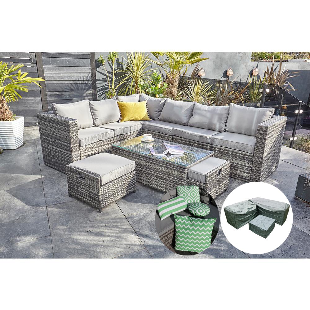 Vancouver 9 Seater Corner Rattan Garden Set In Grey with fire pit option