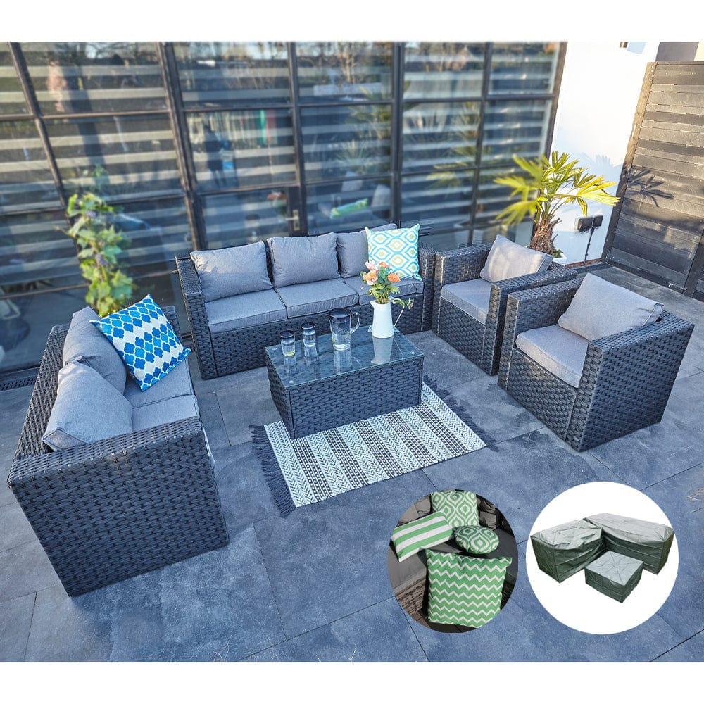 Vancouver 7 Seater Rattan Garden Sofa Set In Black