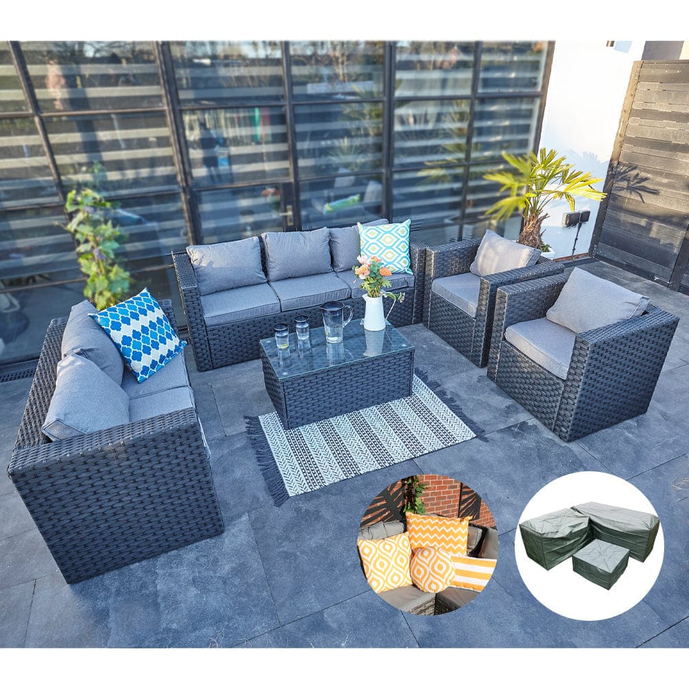 Vancouver 7 Seater Rattan Garden Sofa Set In Black