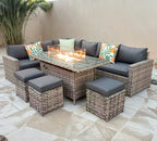 Barcelona Rattan Garden Furniture 9 Seater Corner Sofa Set with Fire pit Dining Table in Black Or Grey