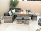 Barcelona Rattan Garden Furniture 9 Seater Corner Sofa Set with Fire pit Dining Table in Black Or Grey