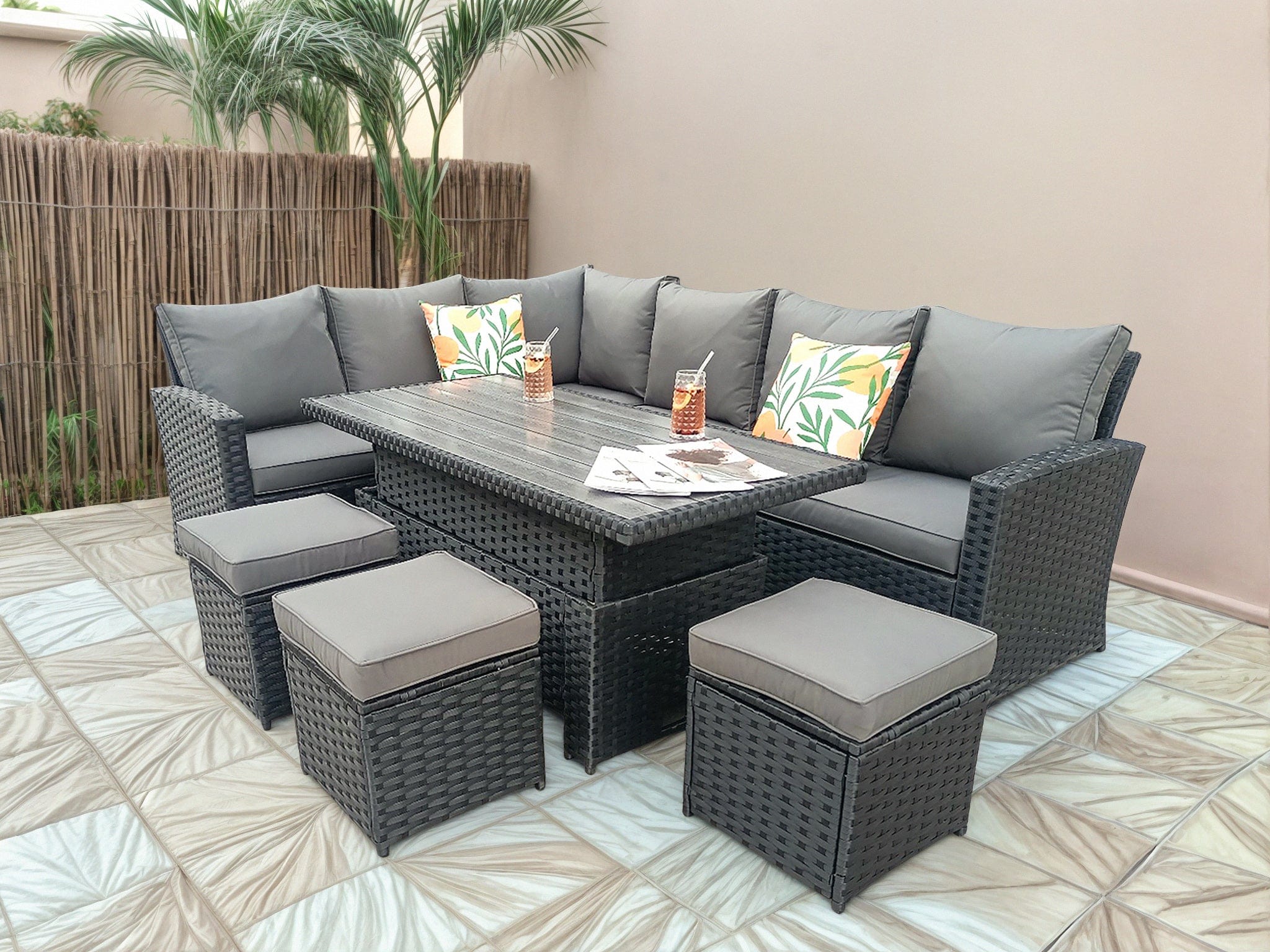 Rosen 9 Seater Rattan Garden Dining Set With Lift-Up Table And 3 Stools