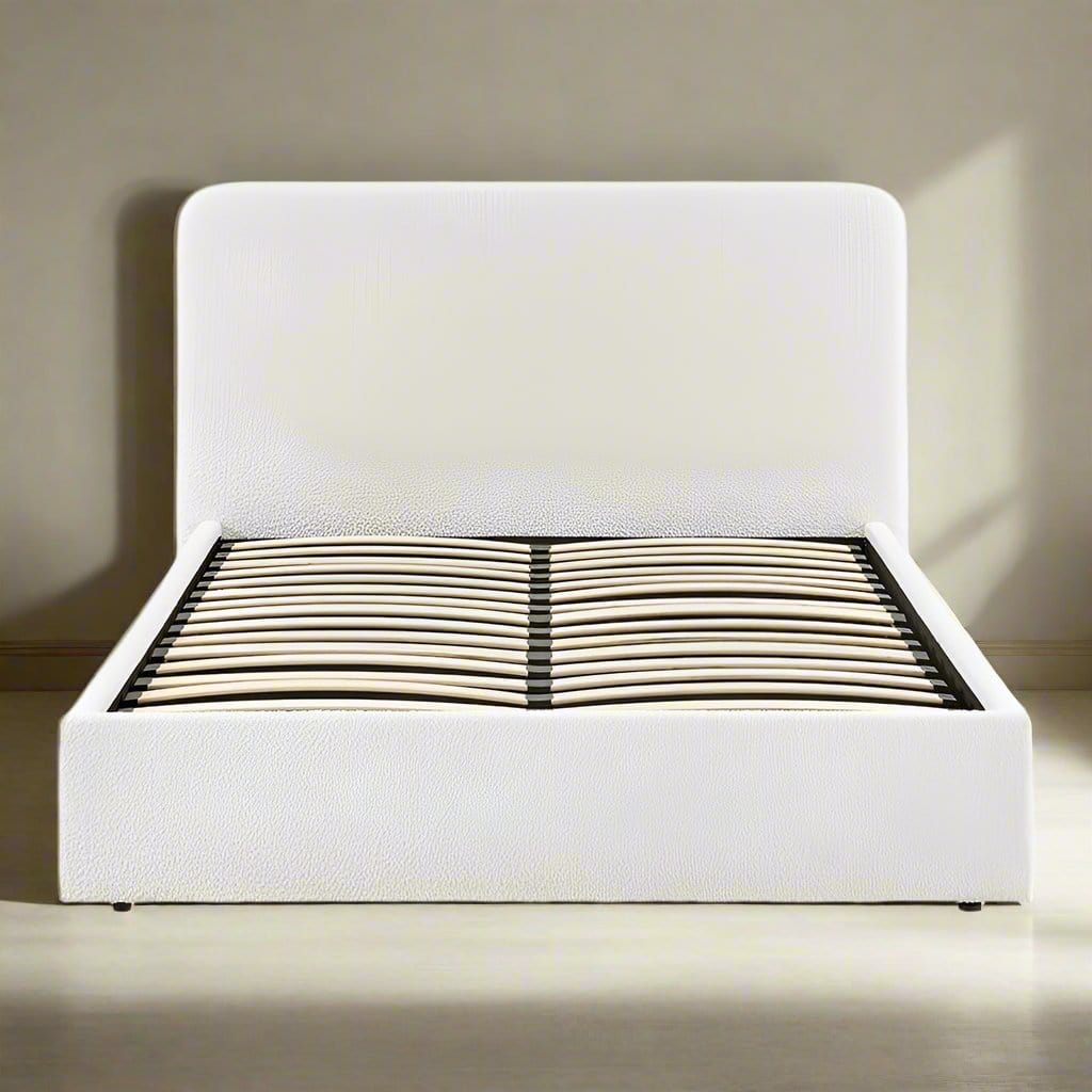 Elvie Ottoman Storage Beige Boucle Teddy Fleece Pneumatic Lift Up Bed Frame Double or King Bed