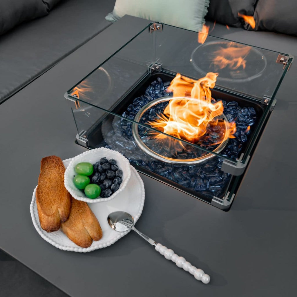 Rosen 9 Seater Fire Pit Rattan Garden Furniture Corner Sofa Cube Set With 2 Benches In Grey