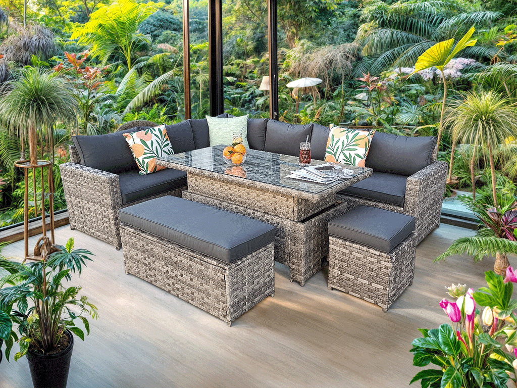 Barcelona 9 Seater Rattan Garden Dining Set with Rising Table In Grey