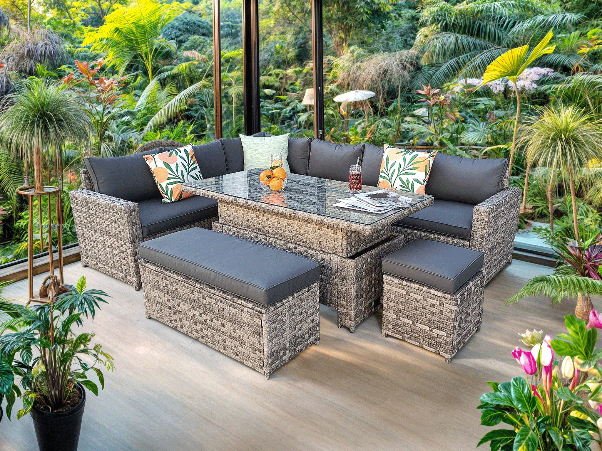 Barcelona 9 Seater Rattan Garden Dining Set with Rising Table In Grey