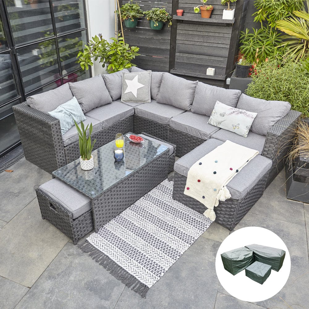 Vancouver 9 Seater Corner Rattan Garden Set In Black