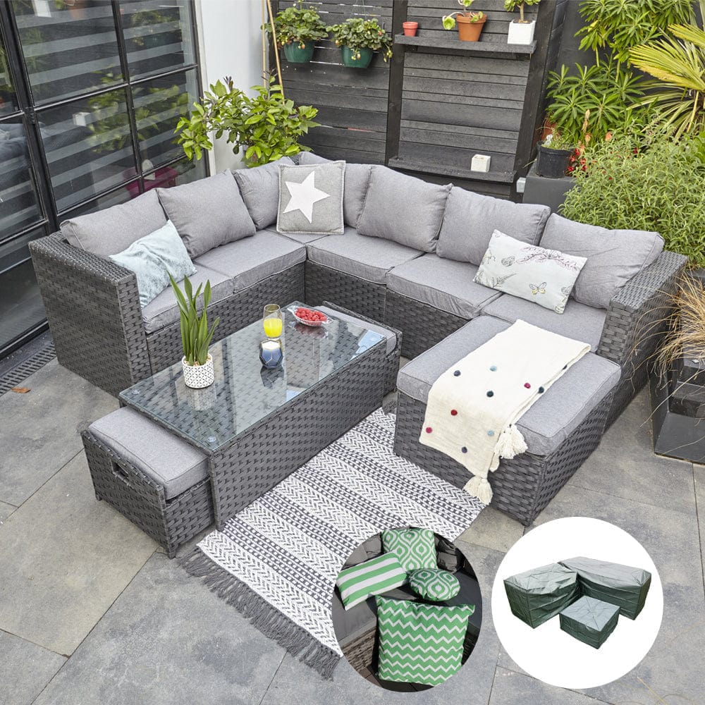 Vancouver 9 Seater Corner Rattan Garden Set In Black