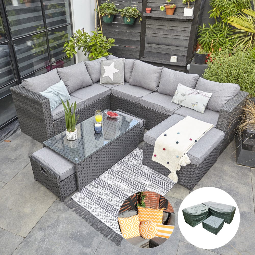 Vancouver 9 Seater Corner Rattan Garden Set In Black